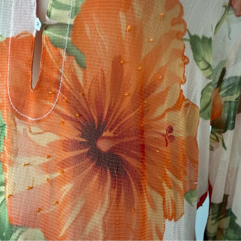Tommy Bahama | Sheer Floral Mesh Top Cover up Beaded Hibiscus Long Sleeve Sz M - Picture 5 of 11